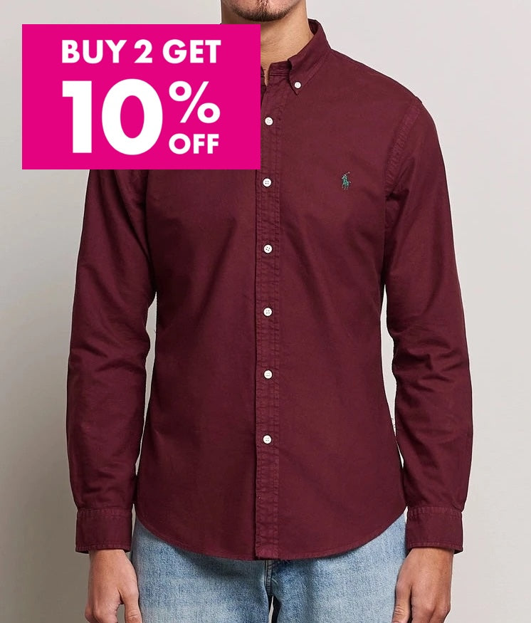 P.o-L.O R.A-L.P.H L.A.U-R.E.N Garment-Dyed Oxford Shirt Custom Fit Burgundy