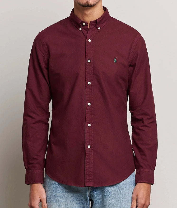 P.o-L.O R.A-L.P.H L.A.U-R.E.N Garment-Dyed Oxford Shirt Custom Fit Burgundy