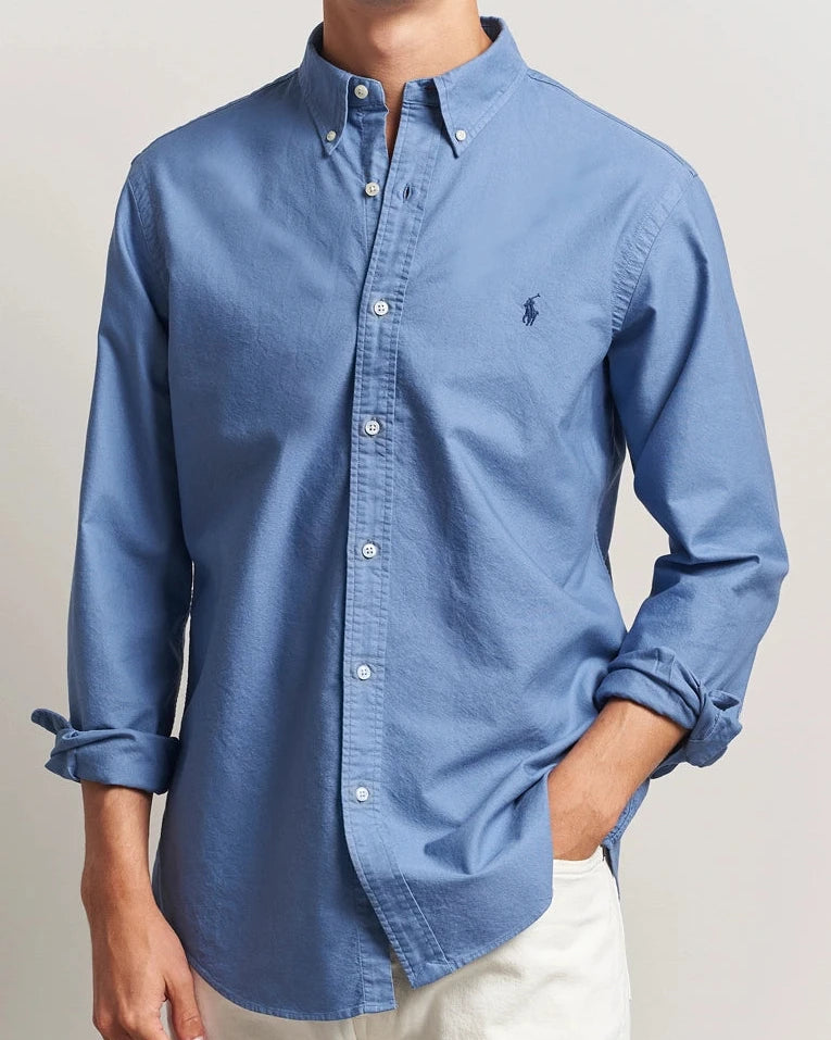 P.o-L.O R.A-L.P.H L.A.U-R.E.N Garment-Dyed Oxford Shirt Custom Fit Bastille Blue