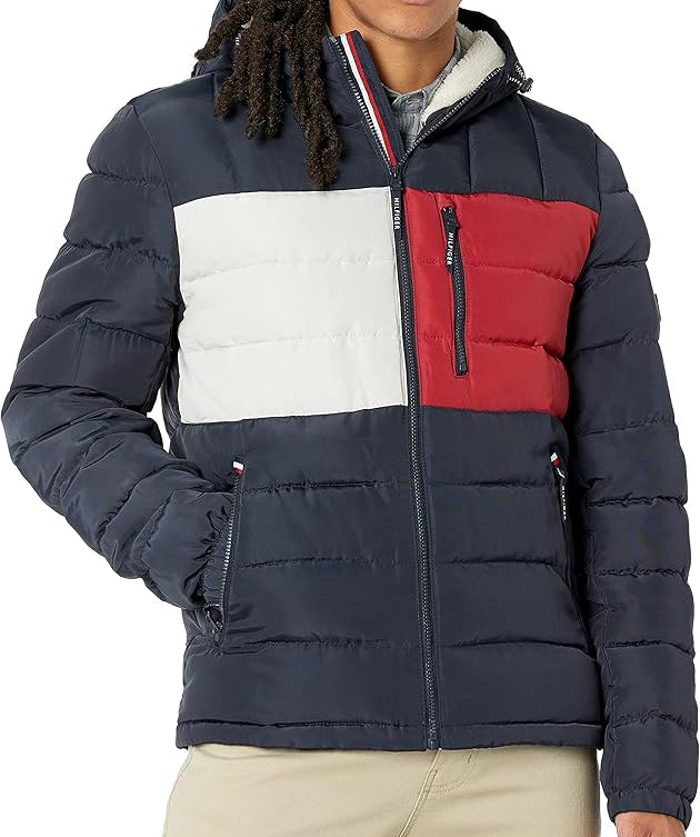 T.O.m-M.y H.I.L.F.I.G.E.R Midweight Sherpa Lined Hooded Water Resistant Puffer Jacket, T.o.m.m.y Flag Combo Tech Navy Flag Combo