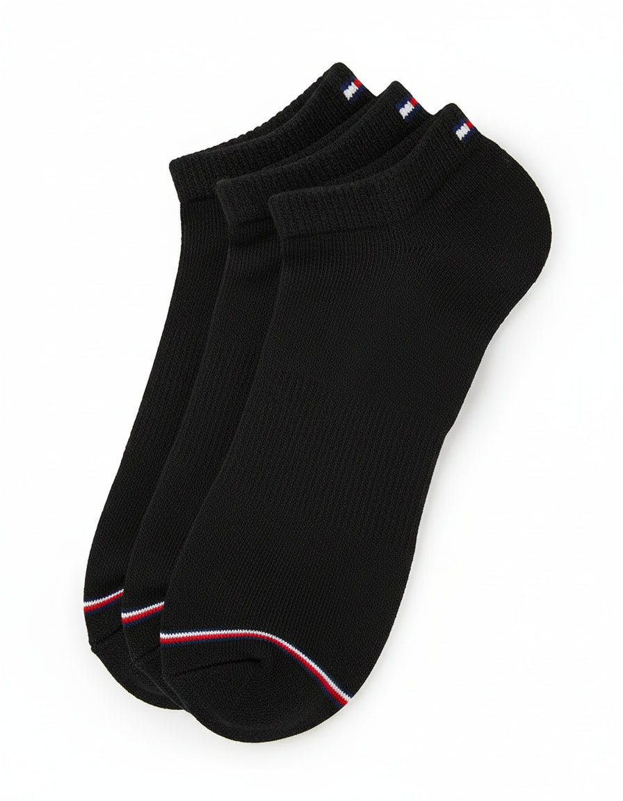 T.o.m.m.y H.i.l.f.i.g.e.r Cotton Cushion Quarter Cut Socks Pack of 3 Black WithT.o.m.m.y H.i.l.f.i.g.e.r lettering