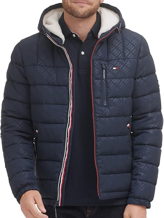 T.O.m-M.y H.I.L.F.I.G.E.R Midweight Sherpa Lined TH monogram Hooded Water Resistant Puffer Jacket Blue