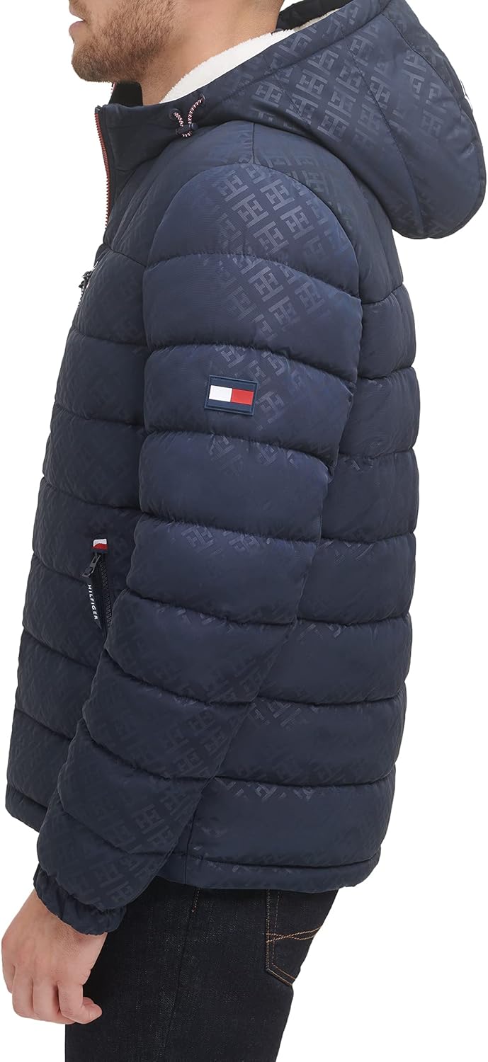 T.O.m-M.y H.I.L.F.I.G.E.R Midweight Sherpa Lined TH monogram Hooded Water Resistant Puffer Jacket Blue