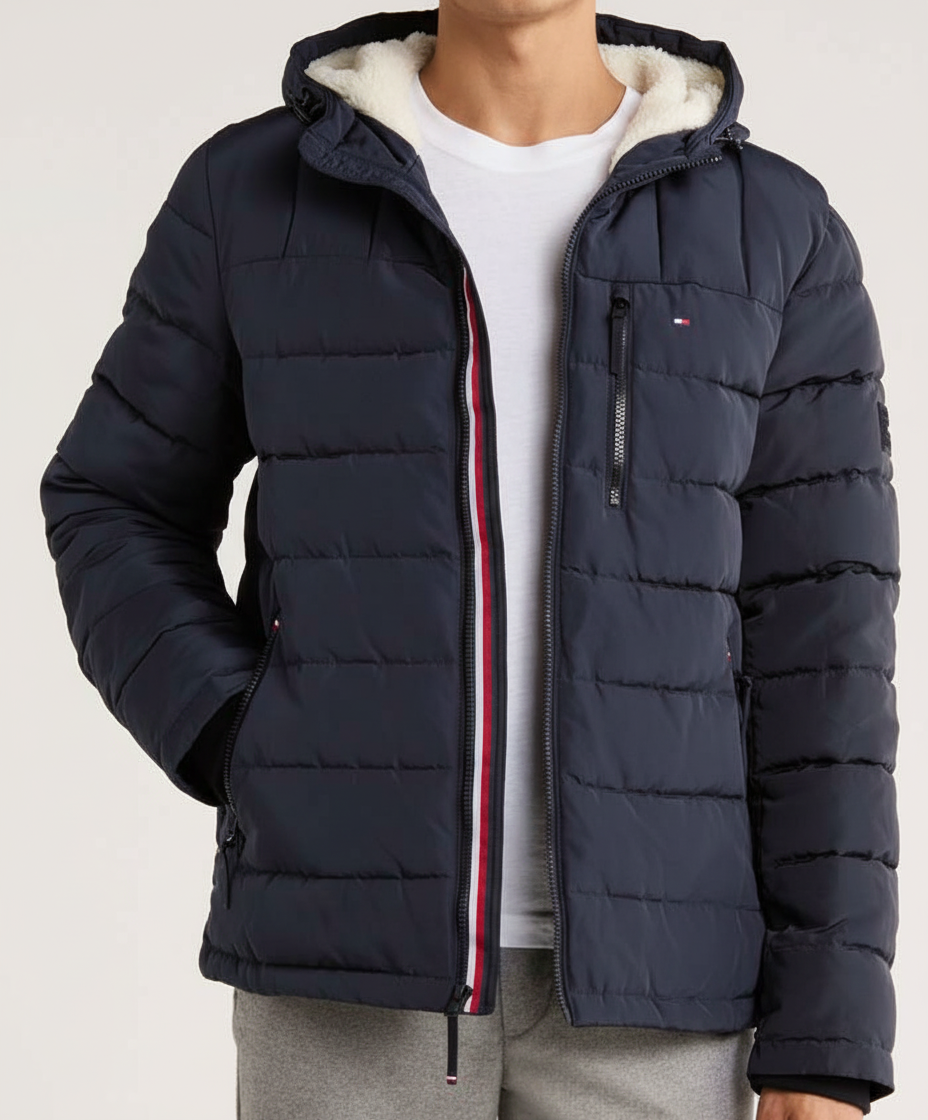 T.o.m.m.y H.i.l.f.i.g.e.r Men's Lined Hooded Water Resistant Puffer Jacket Coat Blue