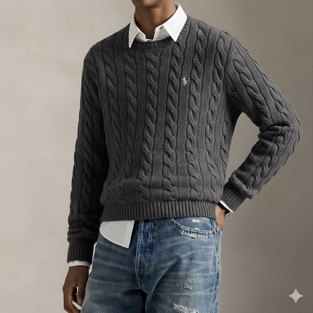 P.o-L.O R.A-L.P.H L.A.U-R.E.N Cable-Knit Cotton Jumper Gray Heather Custom Slim Fit