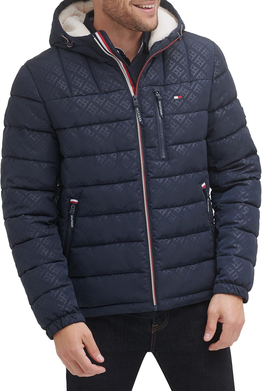 T.O.m-M.y H.I.L.F.I.G.E.R Midweight Sherpa Lined TH monogram Hooded Water Resistant Puffer Jacket Blue