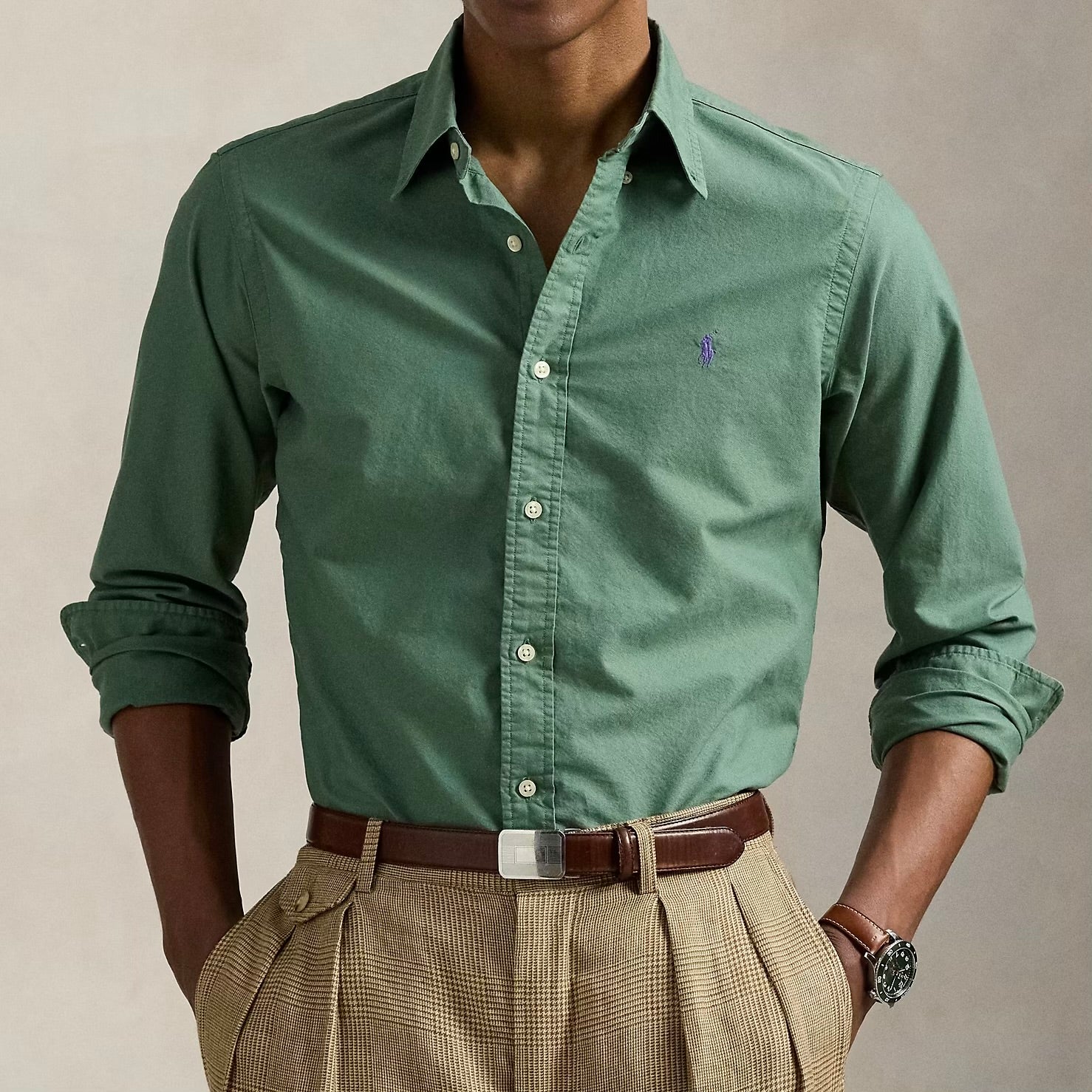 P.o-L.O R.A-L.P.H L.A.U-R.E.N Garment-Dyed Oxford Shirt Custom Fit Fatigue