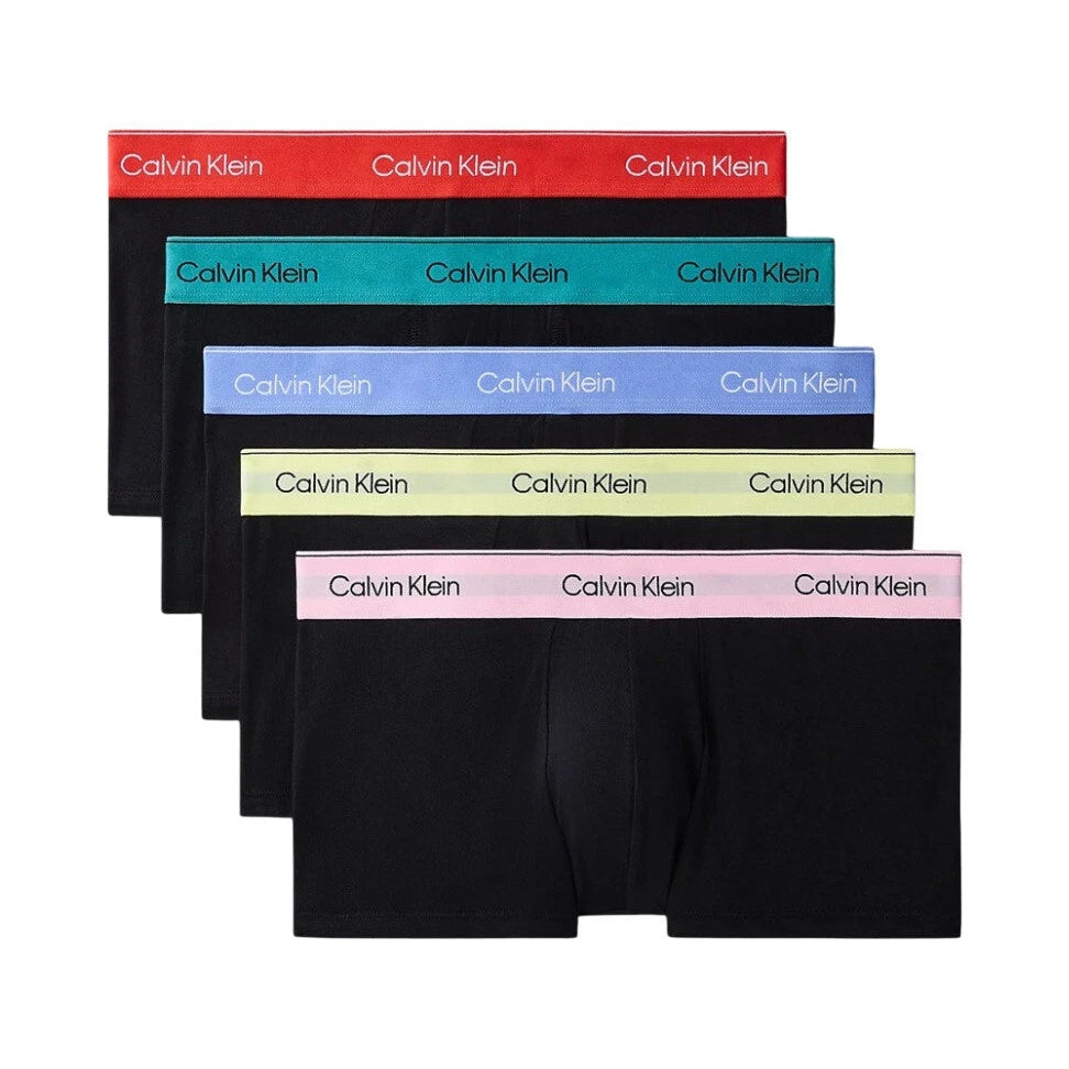 Set of Calvin Klein boxer briefs in various colors on a white background