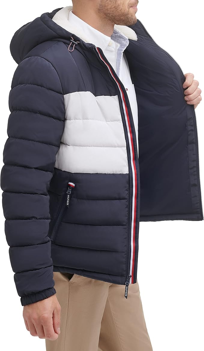 T.O.m-M.y H.I.L.F.I.G.E.R Midweight Sherpa Lined Hooded Water Resistant Puffer Jacket, T.o.m.m.y Flag Combo Tech Navy Flag Combo