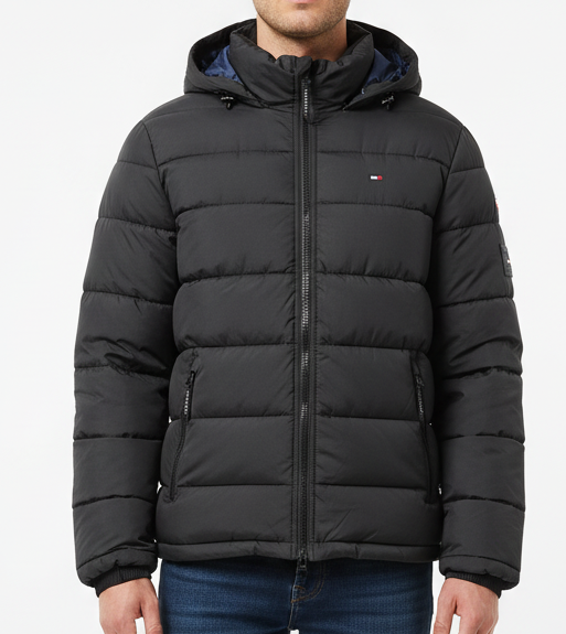 T.o.m.m.y H.i.l.f.i.g.e.r Men's Lined Hooded Water Resistant Puffer Jacket Coat Blue