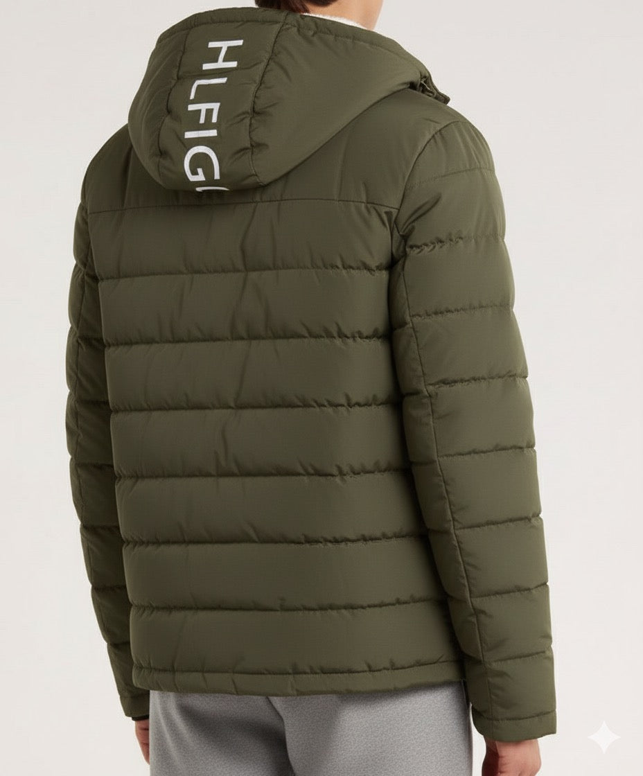 T.o.m.m.y H.i.l.f.i.g.e.r Men's Lined Hooded Water Resistant Puffer Jacket Coat Olive green