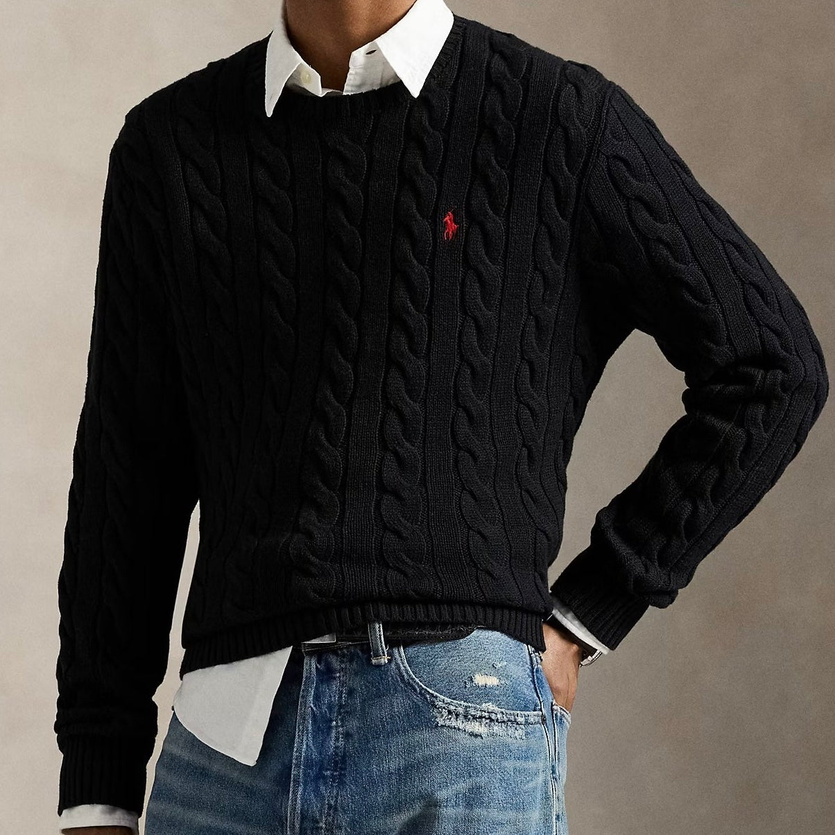 Polo Ralph Lauren Cable-Knit Cotton Jumper Black Custom Slim Fit