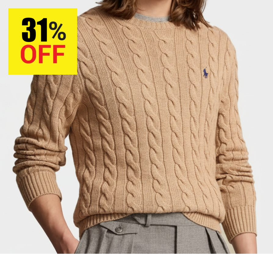 P.o-L.O R.A-L.P.H L.A.U-R.E.N Cable-Knit Cotton Jumper Camel Brown Custom Slim Fit