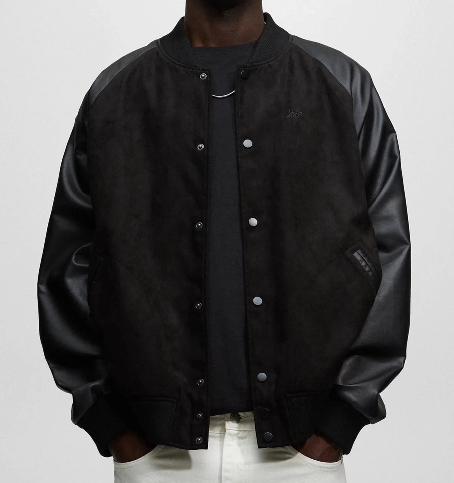 P.U.L.L & B.E.A.R STWD varsity suede bomber in black